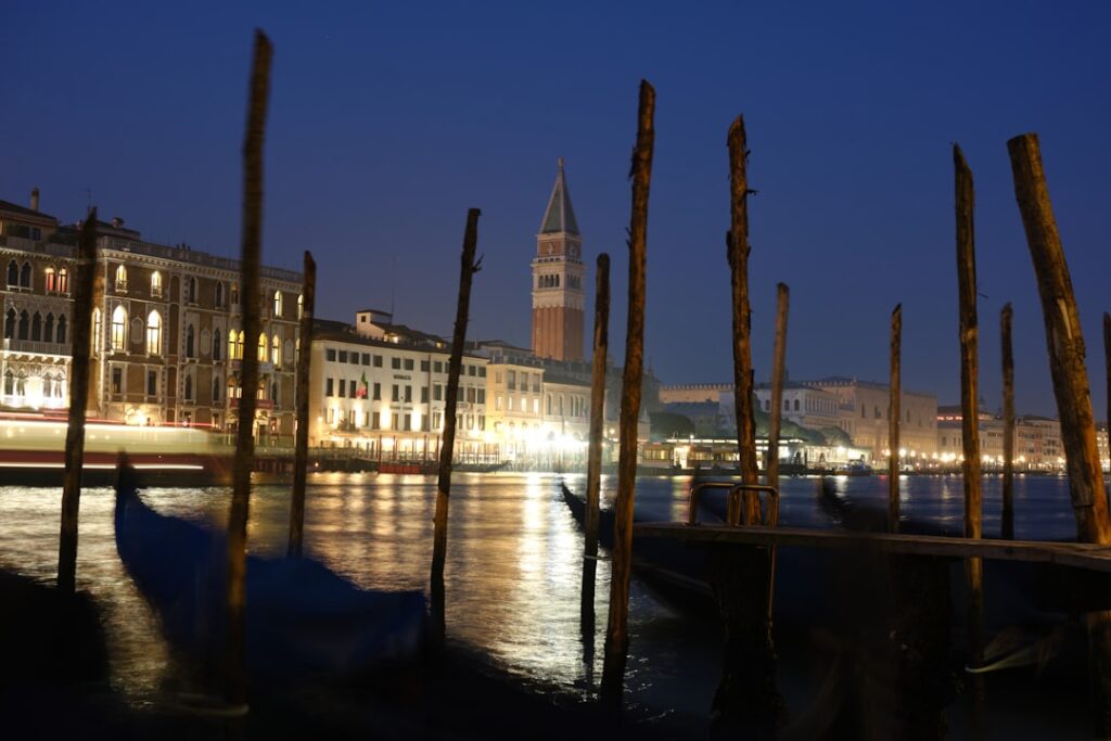 Venice water taxi arrival dock night