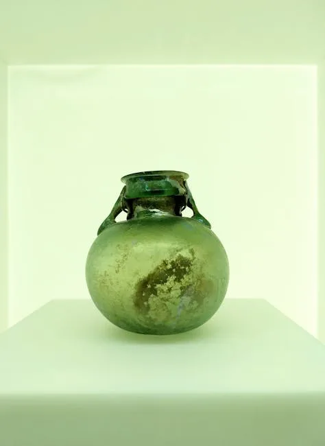 Vase en verre vert ancien exposé, typique du verre de Murano