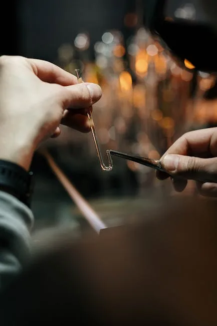 Mains façonnant une petite pièce en verre à Murano.