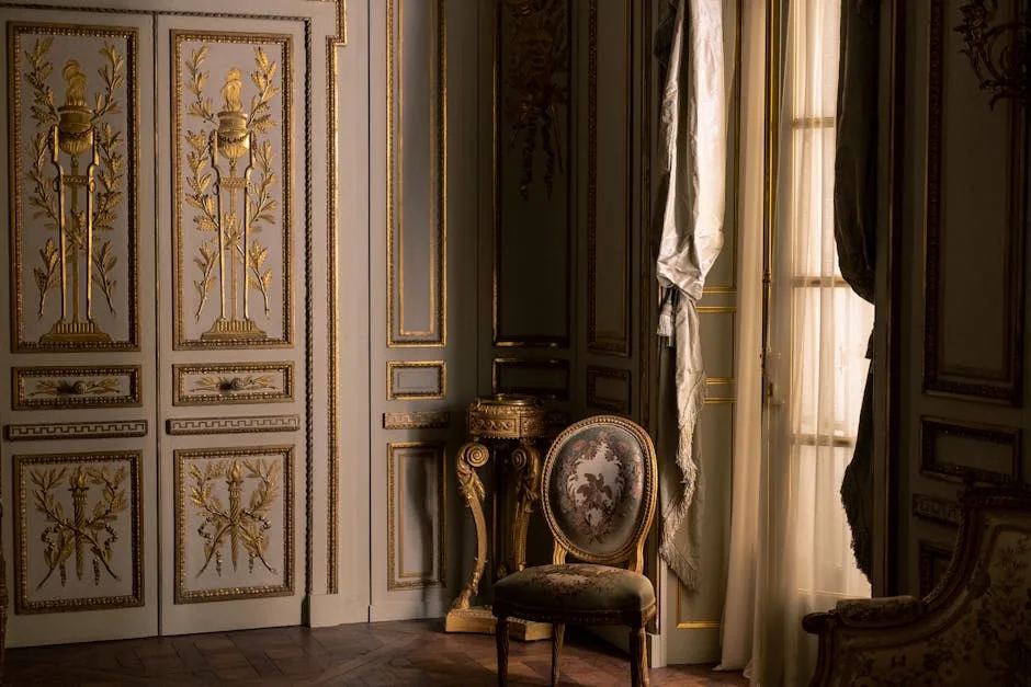 Sunlit antique chair beside gilded paneling and tall Venetian window