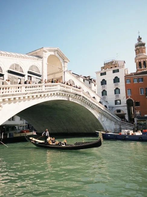 Gondole passant sous le pont du Rialto, bâtiments et touristes à Venise