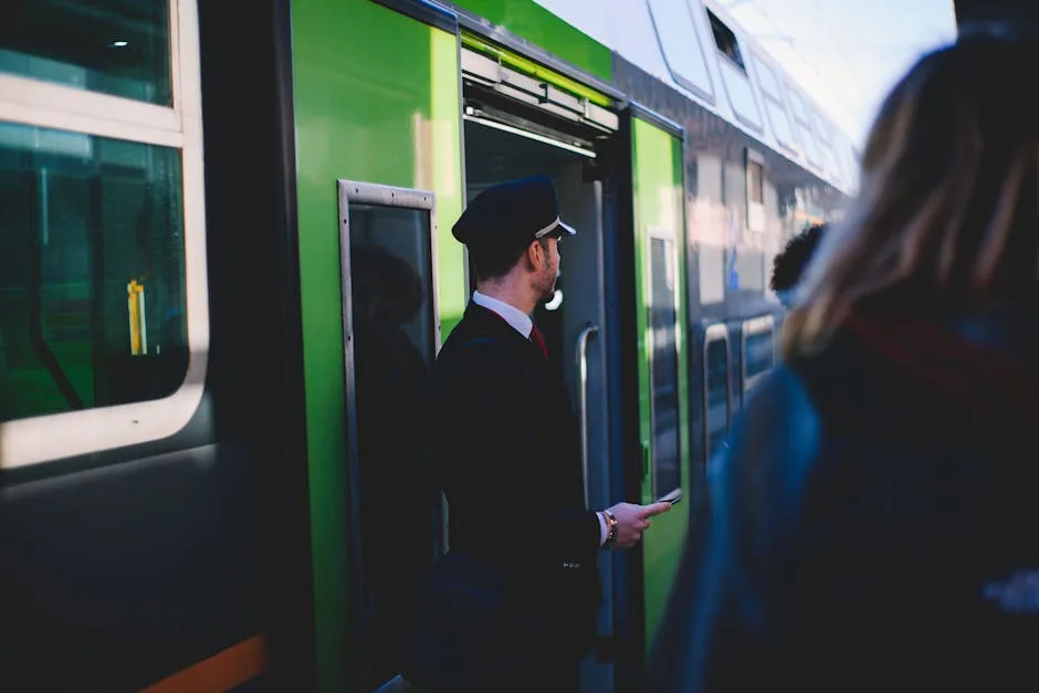 Contrôleur regardant le quai devant une rame de train verte