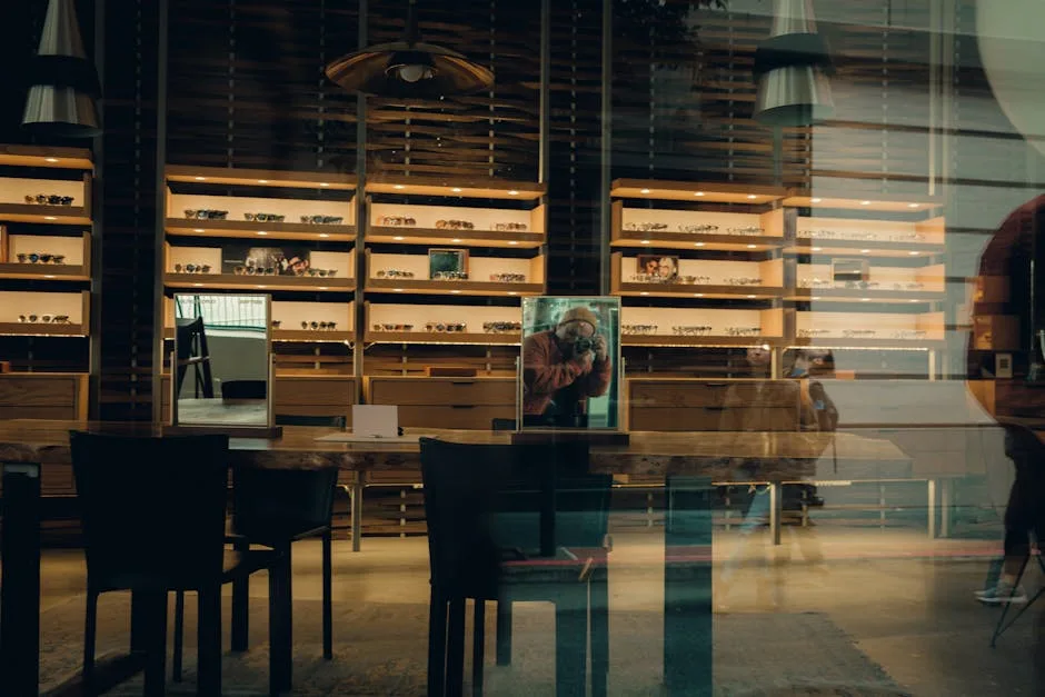 Vitrine d'opticien à Venise, étagères de lunettes et reflets dans la vitre