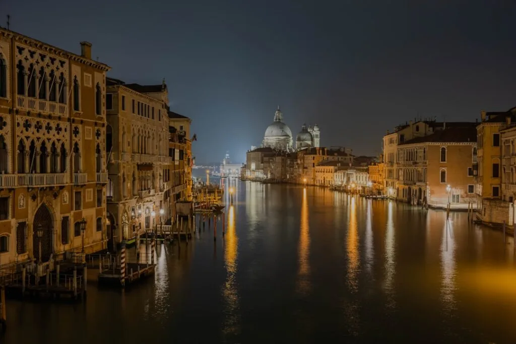 Venice evening canal lights reflections