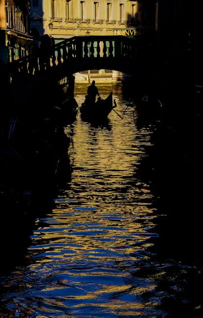 Silhouet van gondel onder een brug met gouden reflecties in Venetië
