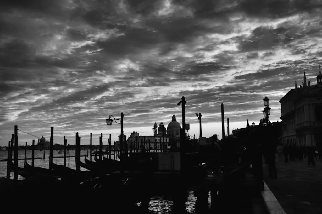 Venice vaporetto early morning dock reflections