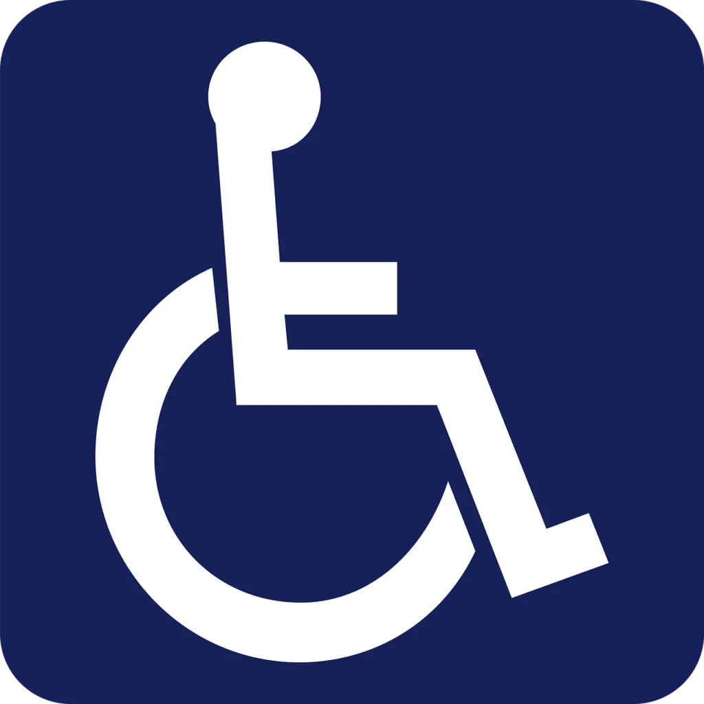 Pictogramme accessibilité fauteuil roulant sur fond bleu
