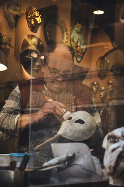 Artisan peint un masque vénitien à l'atelier, concentration visible